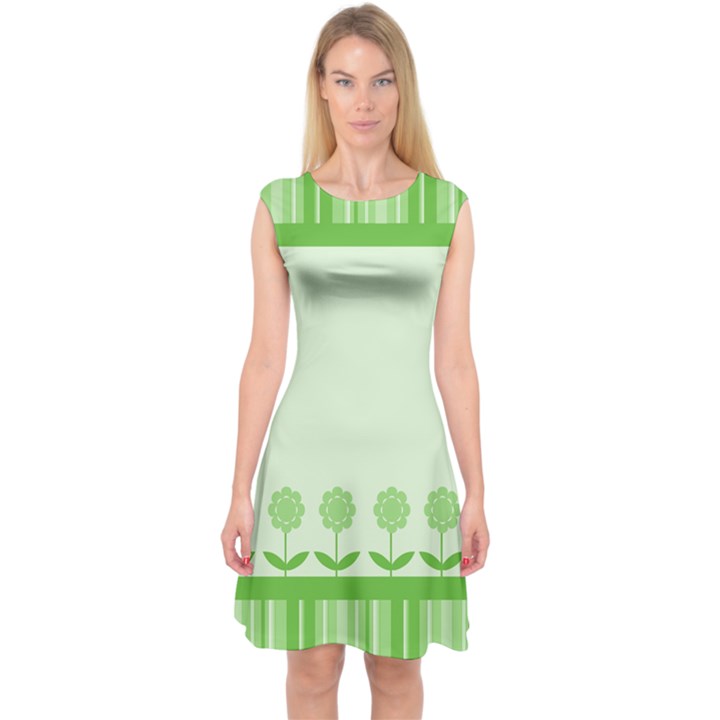 Floral Stripes Card In Green Capsleeve Midi Dress