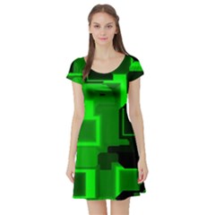 Green Cyber Glow Pattern Short Sleeve Skater Dress by Simbadda