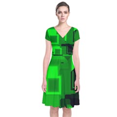 Green Cyber Glow Pattern Short Sleeve Front Wrap Dress by Simbadda