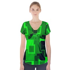 Green Cyber Glow Pattern Short Sleeve Front Detail Top