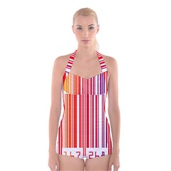 Colorful Gradient Barcode Boyleg Halter Swimsuit 