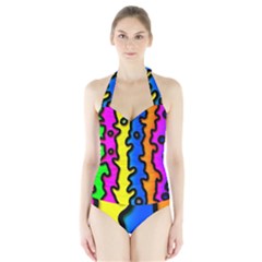 Digitally Created Abstract Squiggle Stripes Halter Swimsuit