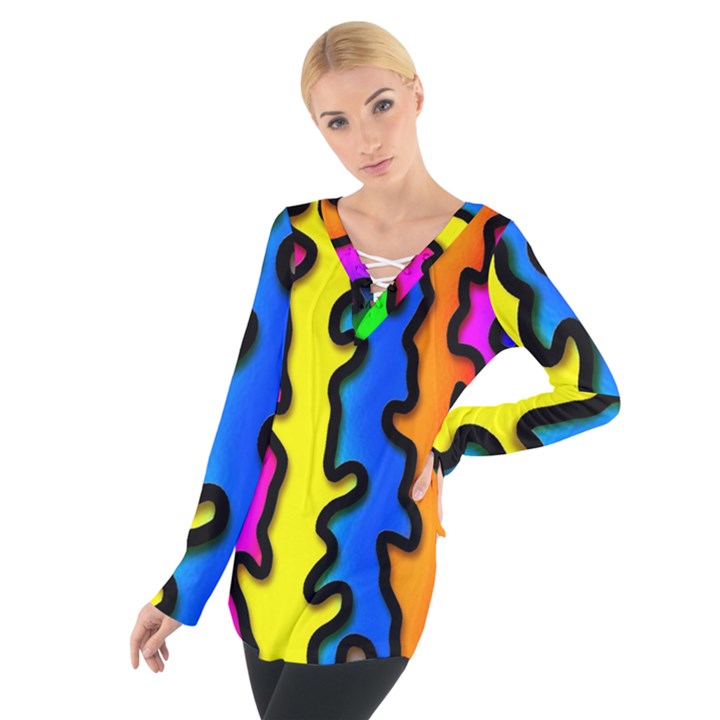 Digitally Created Abstract Squiggle Stripes Women s Tie Up Tee