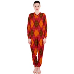 Argyle Pattern Background Wallpaper In Brown Orange And Red Onepiece Jumpsuit (ladies)  by Simbadda