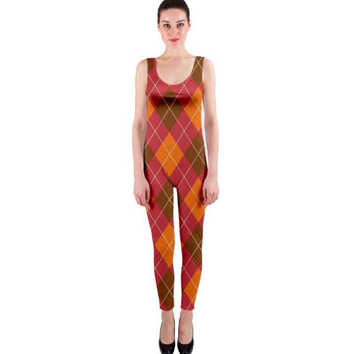 Argyle Pattern Background Wallpaper In Brown Orange And Red OnePiece Catsuit