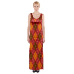 Argyle Pattern Background Wallpaper In Brown Orange And Red Maxi Thigh Split Dress