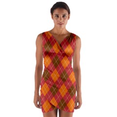 Argyle Pattern Background Wallpaper In Brown Orange And Red Wrap Front Bodycon Dress by Simbadda