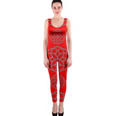 Geometric Circles Seamless Pattern On Red Background Onepiece Catsuit by Simbadda