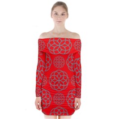 Geometric Circles Seamless Pattern On Red Background Long Sleeve Off Shoulder Dress