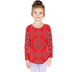 Geometric Circles Seamless Pattern On Red Background Kids  Long Sleeve Tee