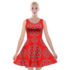 Geometric Circles Seamless Pattern On Red Background Velvet Skater Dress