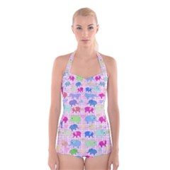 Cute Elephants  Boyleg Halter Swimsuit 