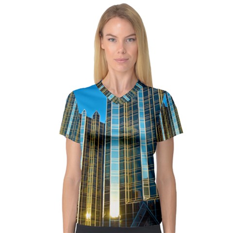 Two Abstract Architectural Patterns Women s V-neck Sport Mesh Tee by Simbadda