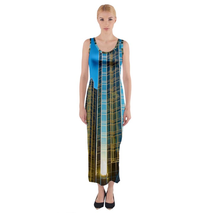 Two Abstract Architectural Patterns Fitted Maxi Dress