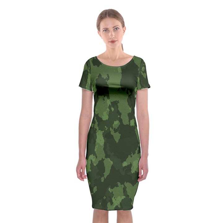 Camouflage Green Army Texture Classic Short Sleeve Midi Dress