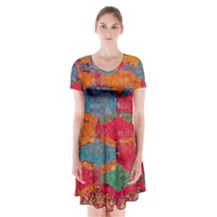 Abstract Art Pattern Short Sleeve V-neck Flare Dress by Simbadda