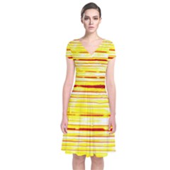 Yellow Curves Background Short Sleeve Front Wrap Dress by Simbadda