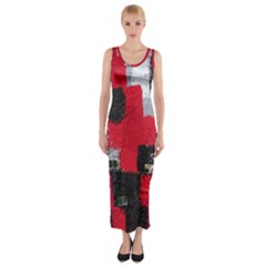 Red Black Gray Background Fitted Maxi Dress by Simbadda