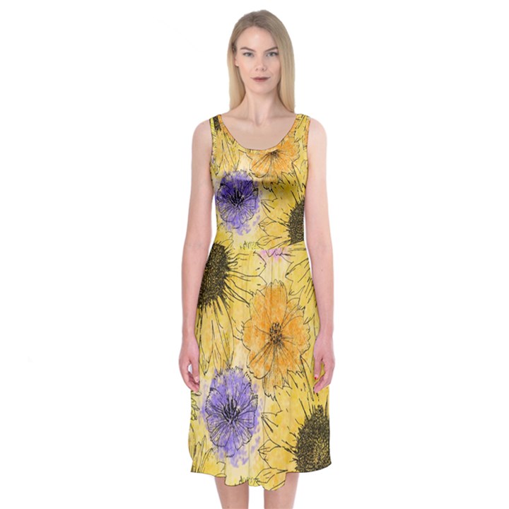 Multi Flower Line Drawing Midi Sleeveless Dress