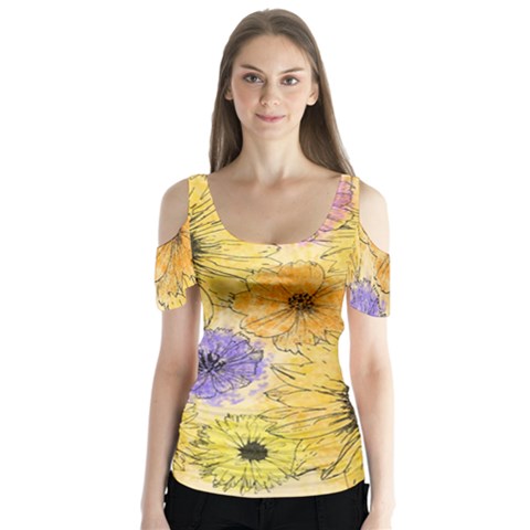 Multi Flower Line Drawing Butterfly Sleeve Cutout Tee  by Simbadda