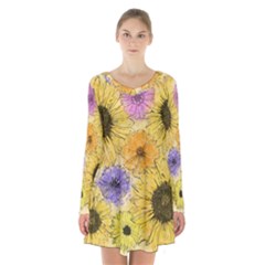 Multi Flower Line Drawing Long Sleeve Velvet V-neck Dress by Simbadda