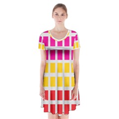 Squares Pattern Background Colorful Squares Wallpaper Short Sleeve V-neck Flare Dress by Simbadda