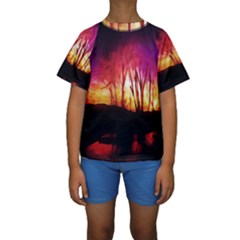 Fall Forest Background Kids  Short Sleeve Swimwear by Simbadda