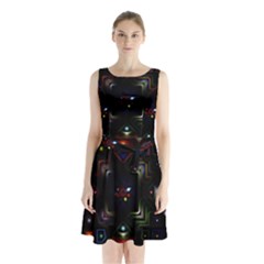 Geometric Line Art Background In Multi Colours Sleeveless Chiffon Waist Tie Dress by Simbadda