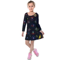 Geometric Line Art Background In Multi Colours Kids  Long Sleeve Velvet Dress by Simbadda