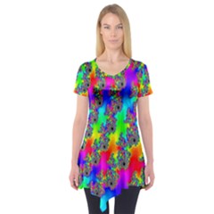 Digital Rainbow Fractal Short Sleeve Tunic  by Simbadda