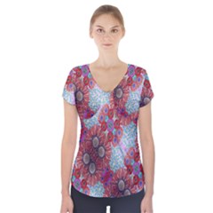 Floral Flower Wallpaper Created From Coloring Book Colorful Background Short Sleeve Front Detail Top by Simbadda