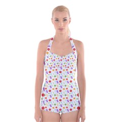 Decorative Spring Flower Pattern Boyleg Halter Swimsuit  by TastefulDesigns