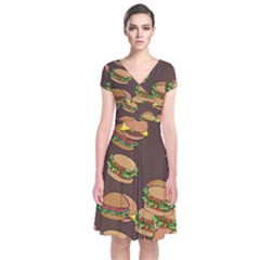 A Fun Cartoon Cheese Burger Tiling Pattern Short Sleeve Front Wrap Dress by Simbadda