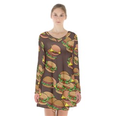 A Fun Cartoon Cheese Burger Tiling Pattern Long Sleeve Velvet V-neck Dress by Simbadda