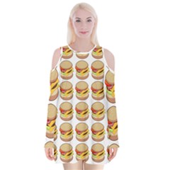 Hamburger Pattern Velvet Long Sleeve Shoulder Cutout Dress