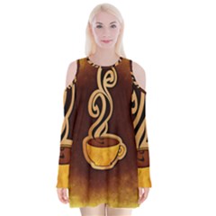 Coffee Drink Abstract Velvet Long Sleeve Shoulder Cutout Dress by Simbadda