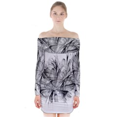 High Detailed Resembling A Flower Fractalblack Flower Long Sleeve Off Shoulder Dress by Simbadda