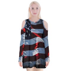 Grunge American Flag Background Velvet Long Sleeve Shoulder Cutout Dress by Simbadda