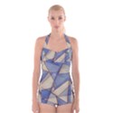 Blue And Tan Triangles Intertwine Together To Create An Abstract Background Boyleg Halter Swimsuit  View1