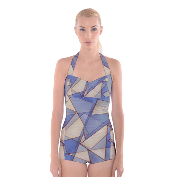 Blue And Tan Triangles Intertwine Together To Create An Abstract Background Boyleg Halter Swimsuit 