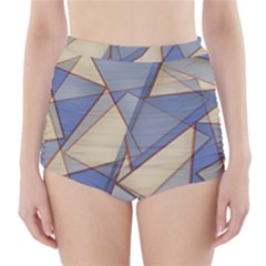 Blue And Tan Triangles Intertwine Together To Create An Abstract Background High-waisted Bikini Bottoms by Simbadda