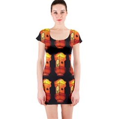 Paper Lanterns Pattern Background In Fiery Orange With A Black Background Short Sleeve Bodycon Dress by Simbadda