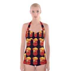 Paper Lanterns Pattern Background In Fiery Orange With A Black Background Boyleg Halter Swimsuit  by Simbadda