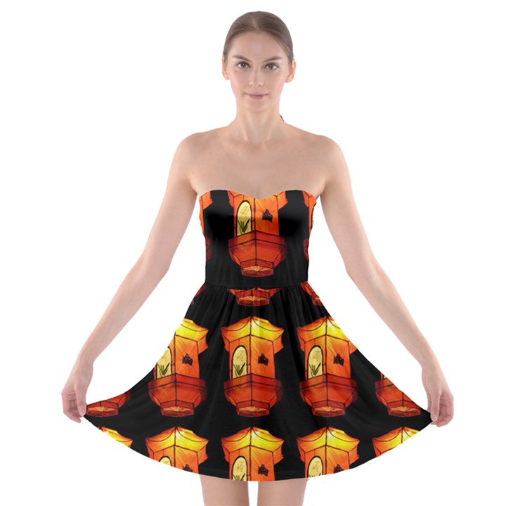 Paper Lanterns Pattern Background In Fiery Orange With A Black Background Strapless Bra Top Dress