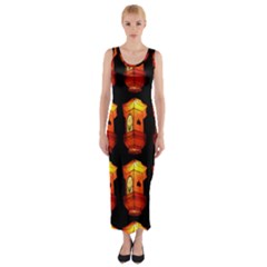 Paper Lanterns Pattern Background In Fiery Orange With A Black Background Fitted Maxi Dress by Simbadda