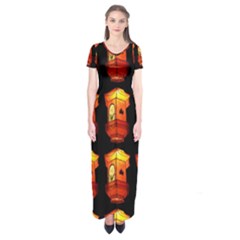 Paper Lanterns Pattern Background In Fiery Orange With A Black Background Short Sleeve Maxi Dress by Simbadda