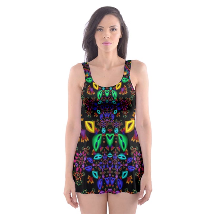 Symmetric Fractal Image In 3d Glass Frame Skater Dress Swimsuit