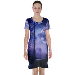 Moonlit A Forest At Night With A Full Moon Short Sleeve Nightdress by Simbadda