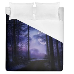 Moonlit A Forest At Night With A Full Moon Duvet Cover (queen Size) by Simbadda