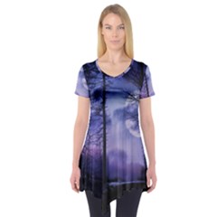 Moonlit A Forest At Night With A Full Moon Short Sleeve Tunic  by Simbadda